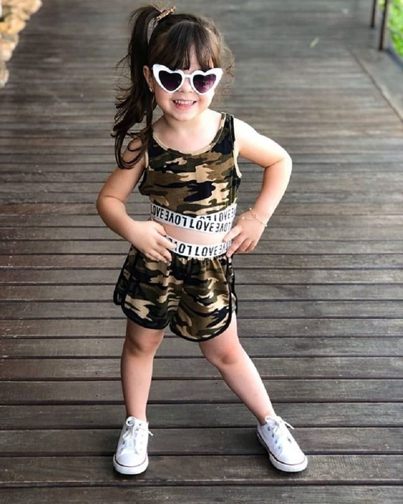 A2Z 4 Kids® Kids Girls Shorts Set 100% Cotton Camouflage Taped Trendy Fashion Summer Vest Top and Short Outfit Set New Age 5 6 7 8 9 10 11 12 13 Years