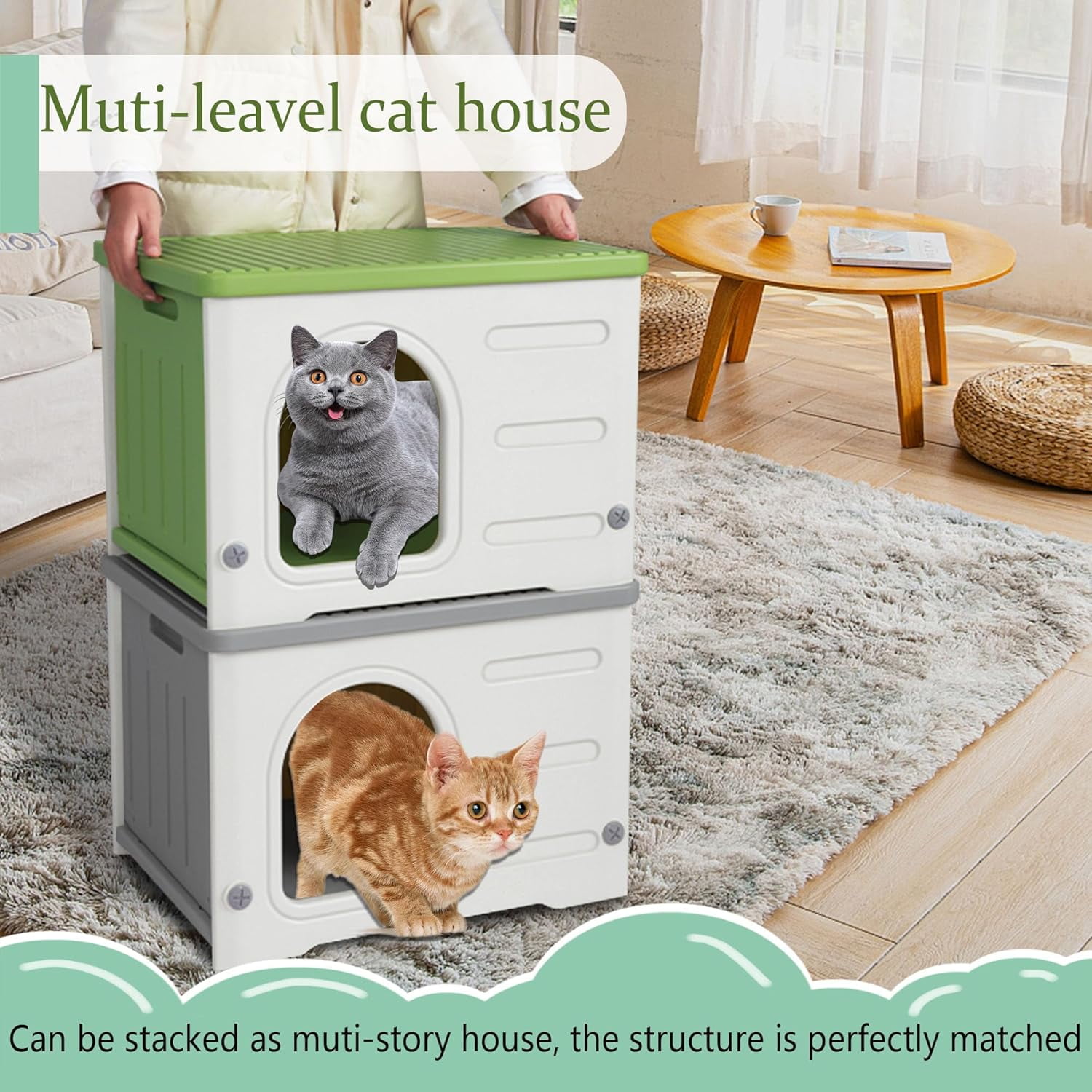 Waterproof Outdoor Cat House, Plastic Cat House for Outdoor Cats Feral Cat House, Sturdy Cat Bed for Small Pet, Spacious, Assemble Easily-Grey