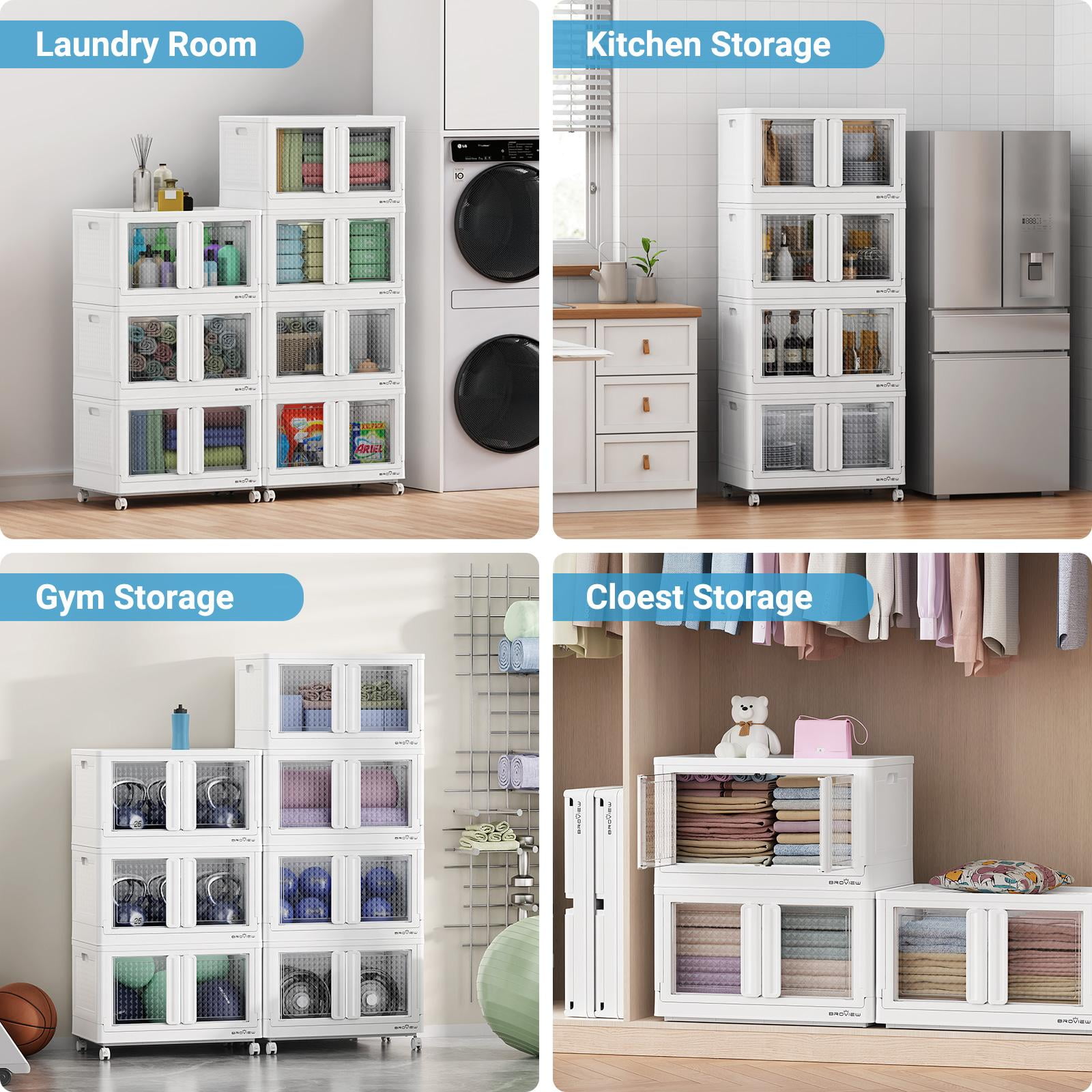 BROVIEW V10 480 Qt Plastic Storage Bins with Lids & Doors, 4 Pack 120Gal Stackable Closet Organizer and Storage Drawers with Wheels, Large Collapsible Storage Boxes, Cabinet for Home, White