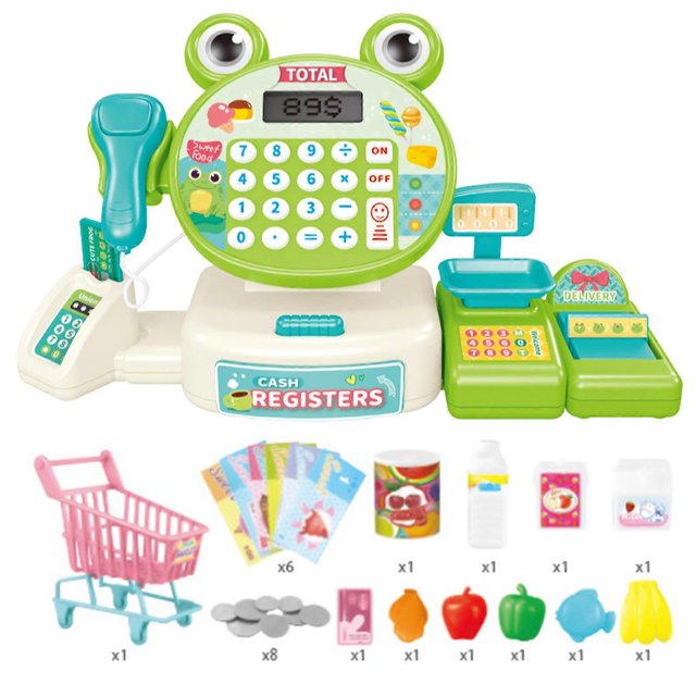 Plastic Cash Register Supermarket Toy Set with Scanner Calculator Realistic Food Kid Pretend Play Supermarket Toy Gift