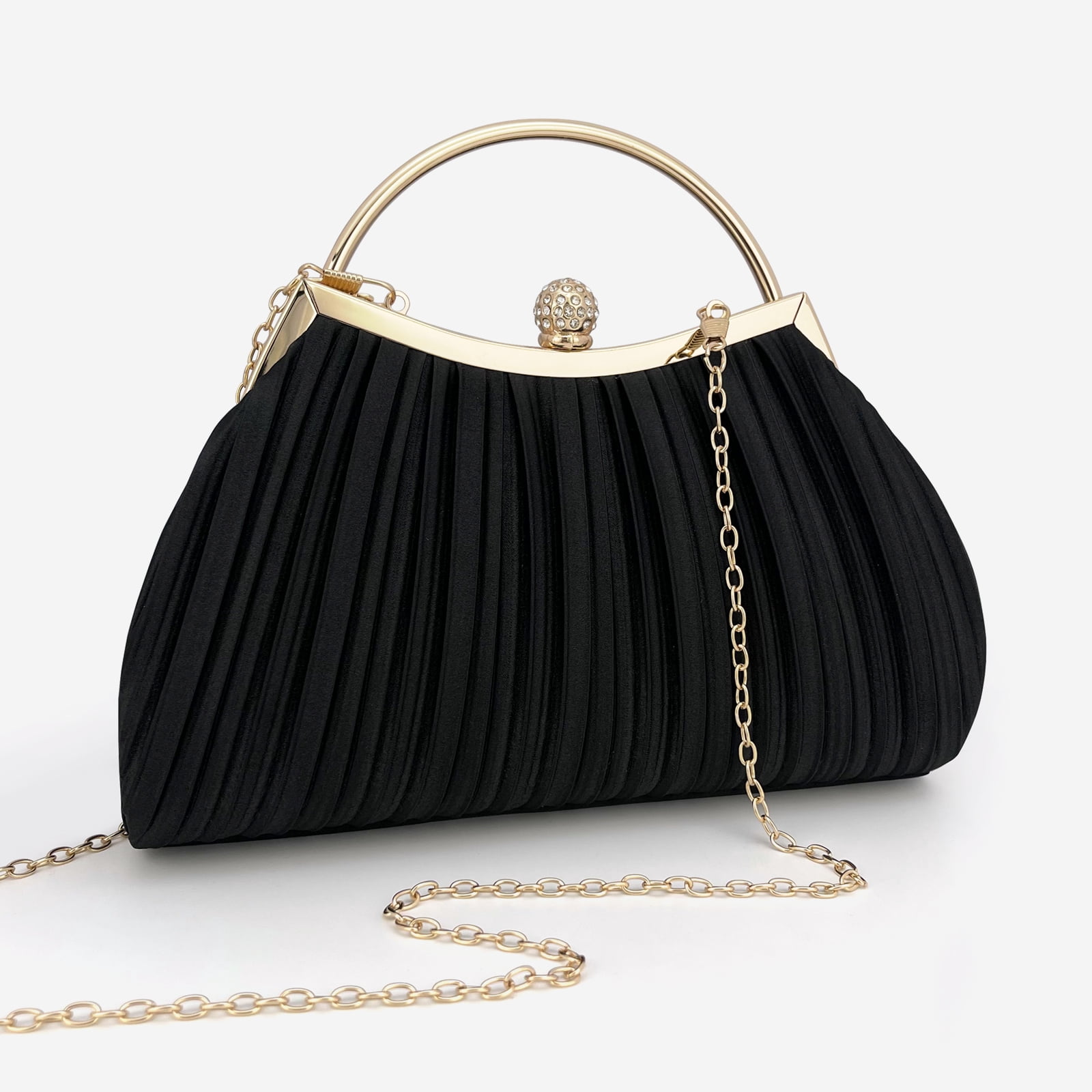 Clutch Purses for Women Evening Bags Party Clutches Handbag With Detachable Chain Strap for Cocktail Party Black Wedding Purses with Pleated
