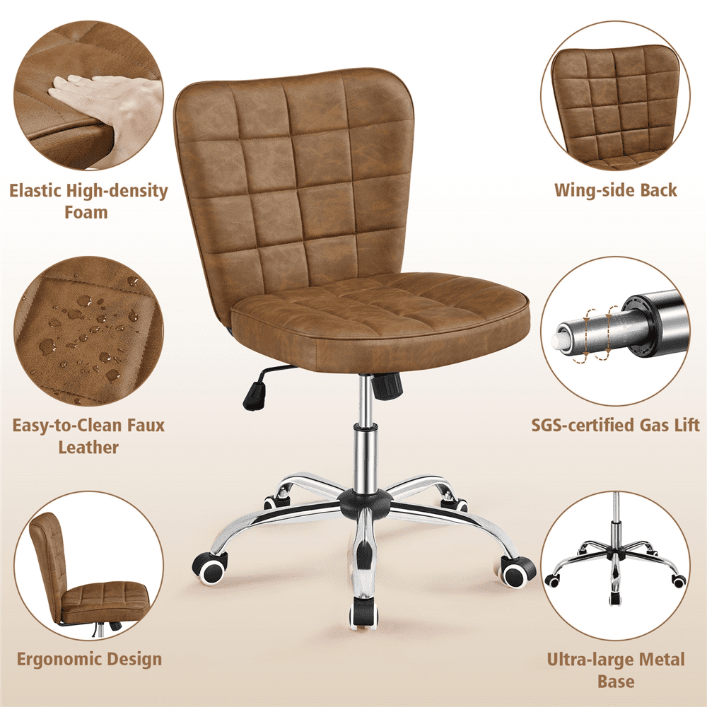 Alden Design Modern Tufted Armless Desk Chair with Chrome Finish Metal Base, Retro Brown
