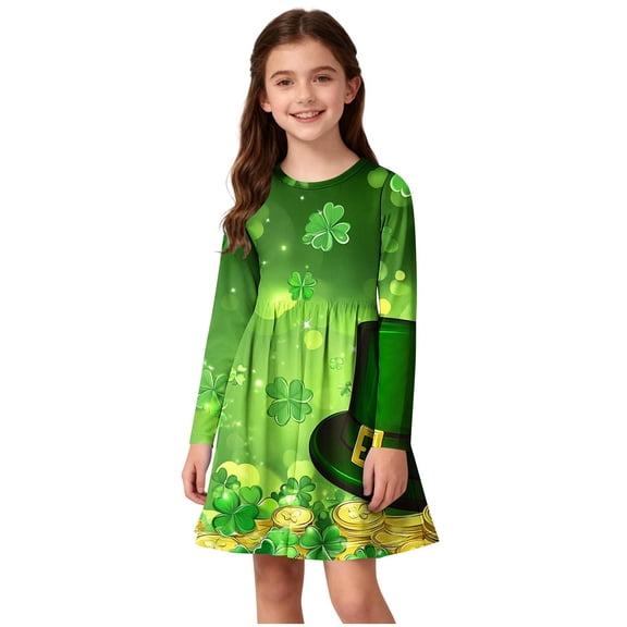 Lvshlubb Dresses for Girls St. Patrick's Day Graphic A Line Dress Crewneck Long Sleeve Party Dress Size 4-14