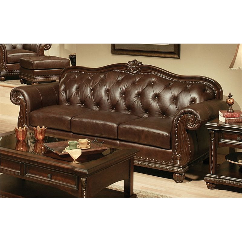 Bowery Hill Leather Sofa In Cherry, Cherry Brown Leather Sofa