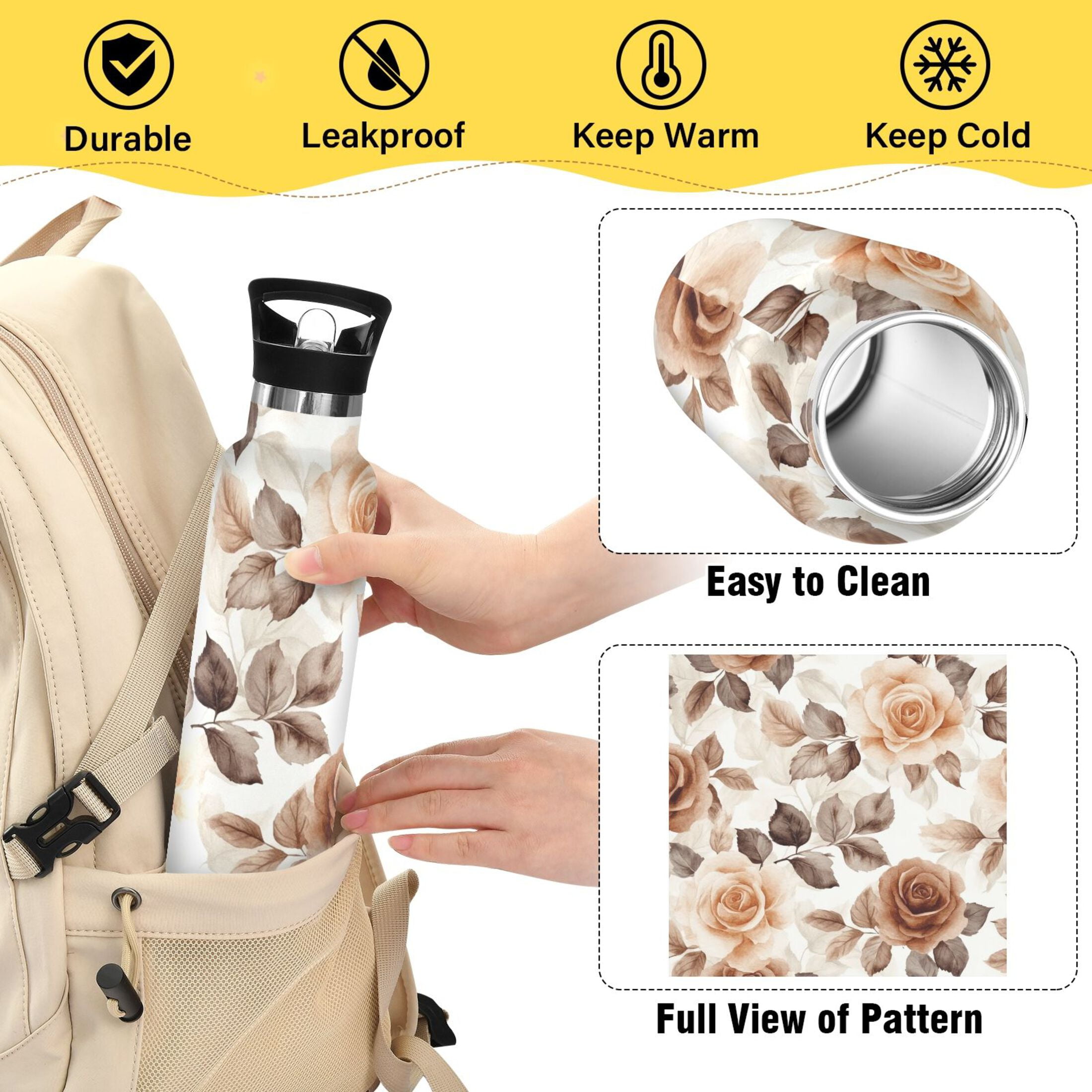 600ML Stainless Steel Insulated Cup Sports Water Bottle Portable Thermos Cup Water Glasses Insulated Tumblers Convenient and Durable Cartoon Brown Roses