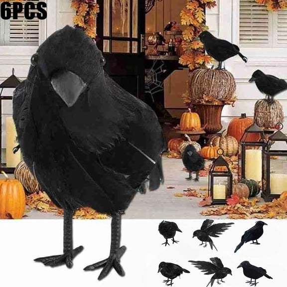 6 Pcs Black Halloween Crow Decor, Realistic Fake Raven Prop, Indoor & Outdoor Halloween Decorations for Haunted House, Graveyard, Yard, Table, Trees, Walls, Windows, Party Favors