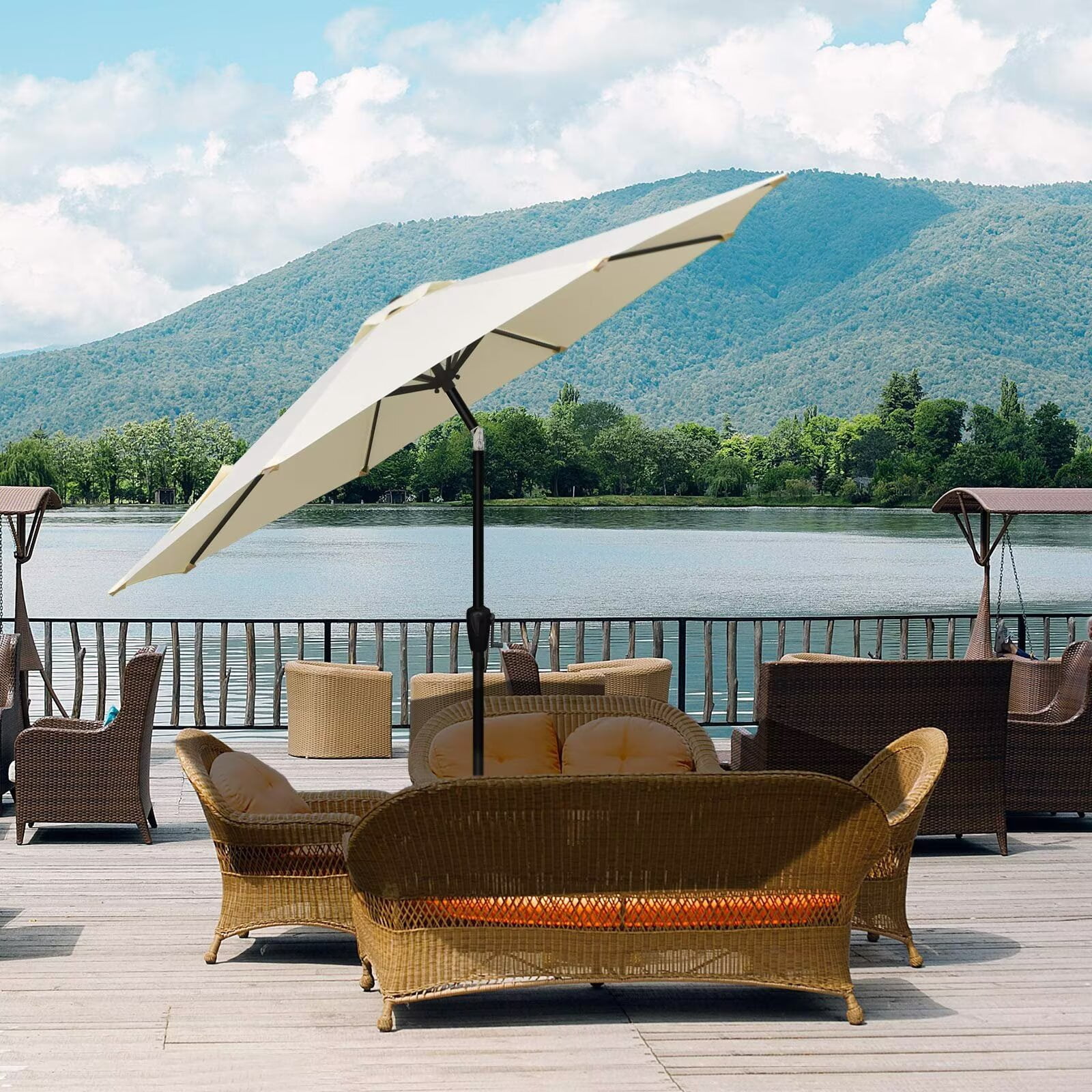 Simple Deluxe 9ft Outdoor Market Table Patio Umbrella with Button Tilt and 8 Sturdy Ribs, Beige, 1 Pack