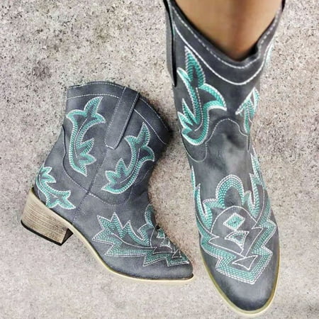 

Retro Women Embroidery Square Heels Slip-On Short Booties Pointed Toe Shoes Gray 6.5-7