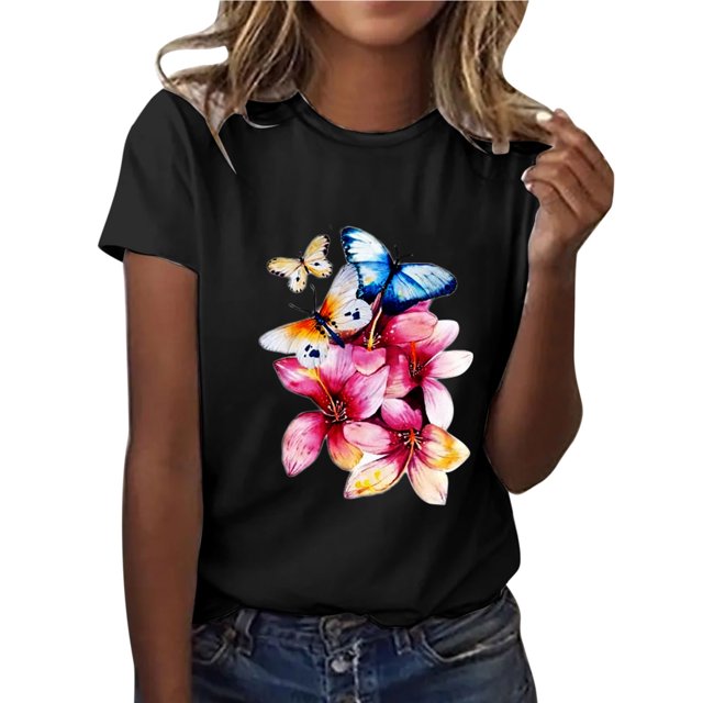 Gibobby Camisetas Mujer Manga Corta Camiseta informal para mujer, camiseta a la con estampado Floral, camiseta manga corta con temperamento suelto, cam(Negro,XL)