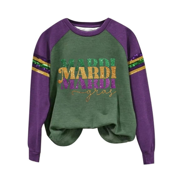 ZHENHONG Mardi Gras Graphic Tees for Women, Women's Carnival Print Crew Neck Long Sleeve Top Going Out Tops