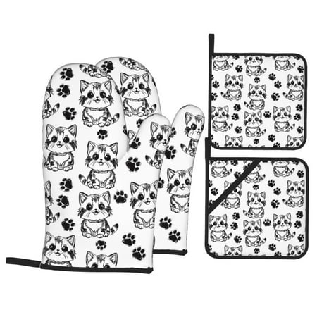 

Oven Mitts and Pot Holders Sets 4 pcs Sketch Cartoon Cat and Cat Paw Non-Slip Oven Gloves Potholders Soft Quilted Lining Heat Resistant Gloves Hot Pads for Kitchen Cooking Baking