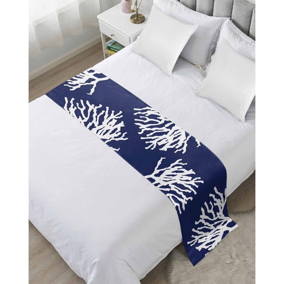 Bed Runner Scarf Cal King Size, Coral Navy Blue Stain Bed Runners & Scarves for Foot of Beds, Coastal Ocean Marine Nautical Beach Decorative Bedding Runner Scarf for Hotel Home Bedroom