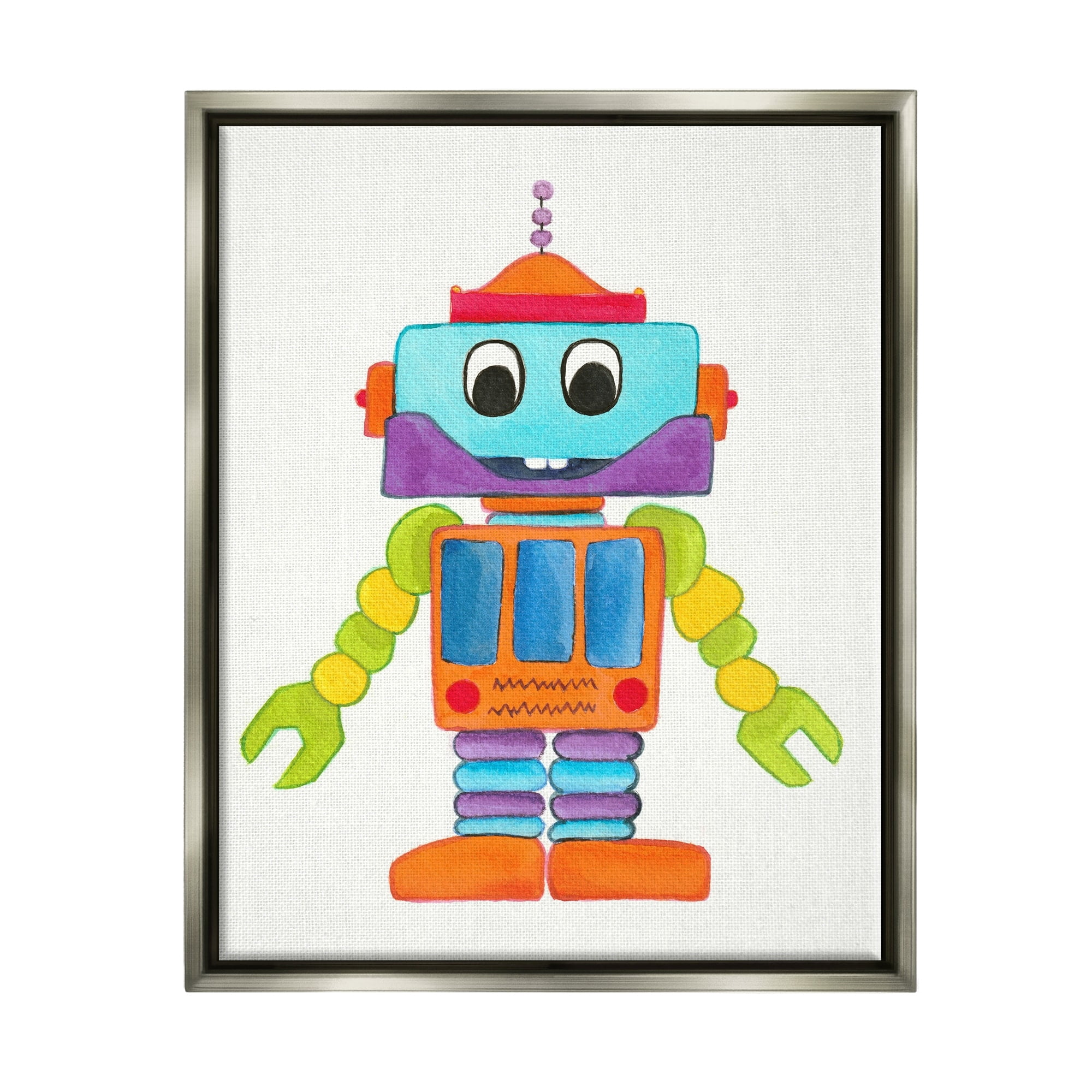 Stupell Industries Bold Smiling Robot Vivid Playful Kids Illustration Painting Luster Gray Floating Framed Canvas Print Wall Art, Design by Elvira Errico