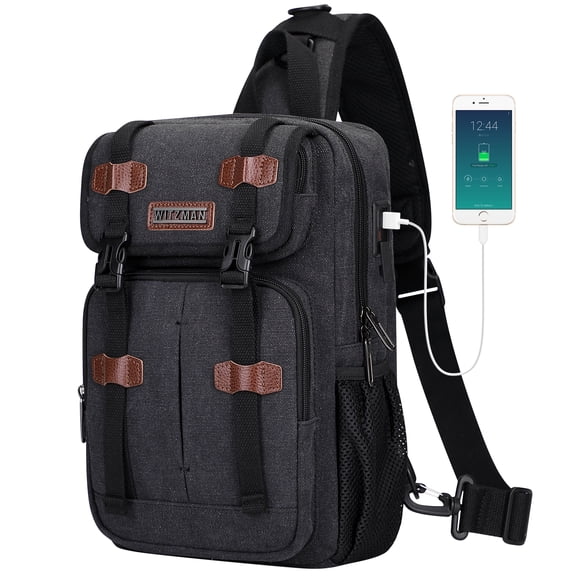 WITZMAN Sling Bag for Men Canvas Large Chest Bags Crossbody Bag with USB Charging Port for Travel Daily Work(A8019 Black)