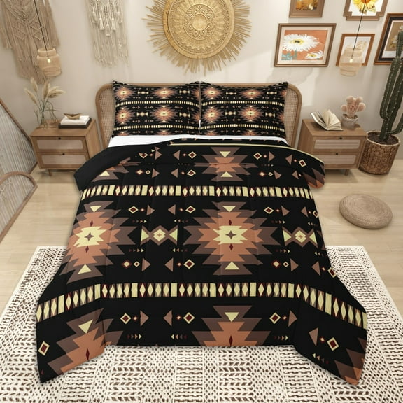 Homewish Black Brown Aztec Bedding Comforter Set, Bohemian Geometric Twin Comforter Sets, Rustic Lodge Cabin Farmhouse Bedding Set, Lightweight Room Decor
