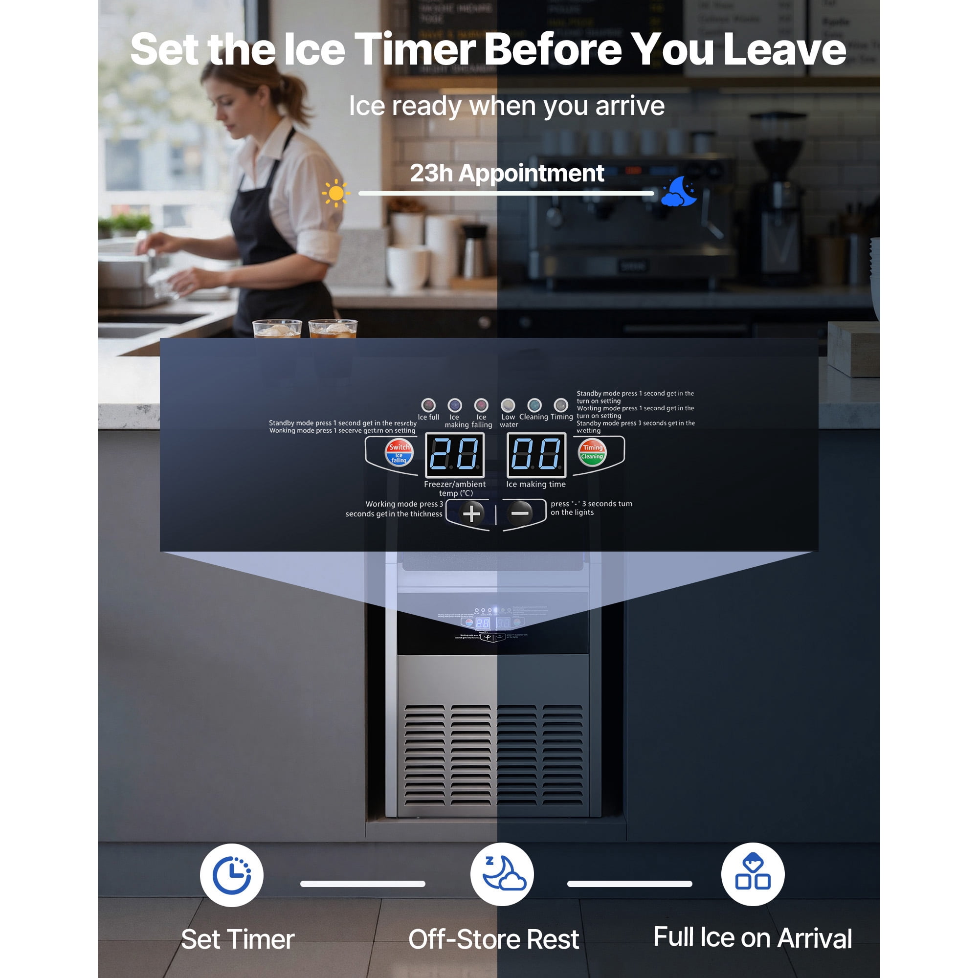 KFFKFF Commercial Ice Maker Machine, 150 lbs/24h Output with 30 lbs Storage, Built-in or Freestanding Design, Stainless Steel Ice Maker with LED Control Panel & Self-Cleaning Function, Ideal for Home