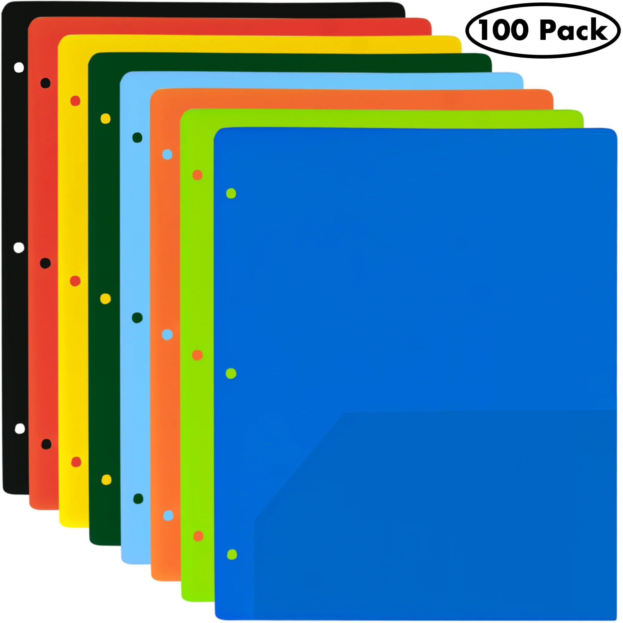 100 Pack Two Pocket Plastic Translucent 3-Ring Hole Punch Folders, 11.5”L x 9.5”W for Filing / Storing Paper Work, Assorted Colors