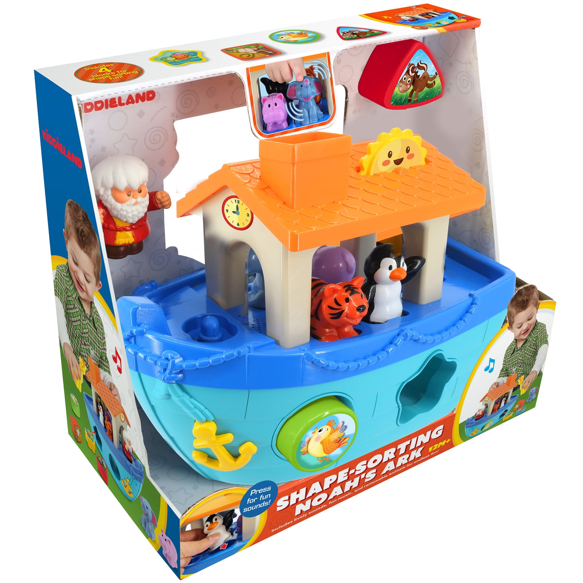 Kiddieland: Shape-Sorting Noah's Ark - Interactive Boat Playset, Sound Effects, Noah & 5 Animal Figurines, Shapes Piece Fitting, Kids Toddlers 12mo+