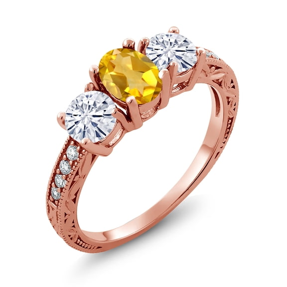 Gem Stone King 18K Rose Gold Plated Silver 3-Stone Ring Citrine Moissanite(1.87 Cttw) (Size 9)