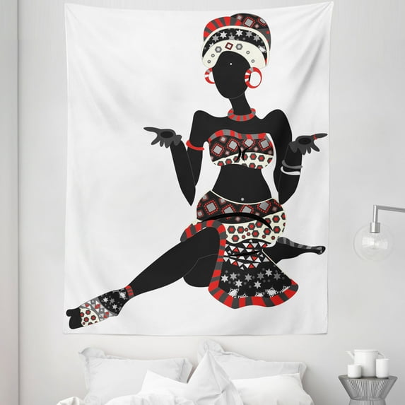 African Tapestry, Local Lady Indigenous Patterned Dress Gesture Silhouette, Fabric Wall Hanging Decor for Bedroom Living Room Dorm, 5 Sizes, Charcoal Grey Vermilion, by Ambesonne