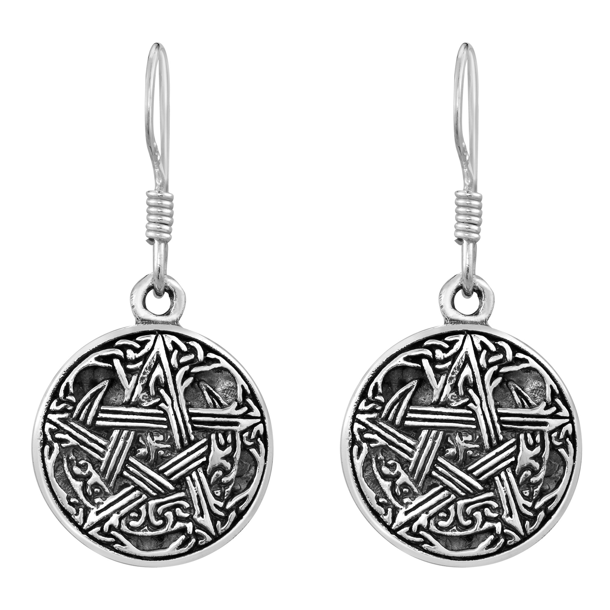 AeraVida Stylish Supernatural Pentacle Celtic Art Round Sterling Silver Fish Hook Dangle Earrings Edgy Goth Inspired Unique Jewelry Gifts for Women