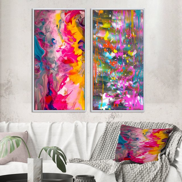 Designart "Retro Groove Summer Abstract Expressionism" Abstract Painting Framed Wall Art Set Of 2 - Modern Pink Framed Wall Art Set Of 2