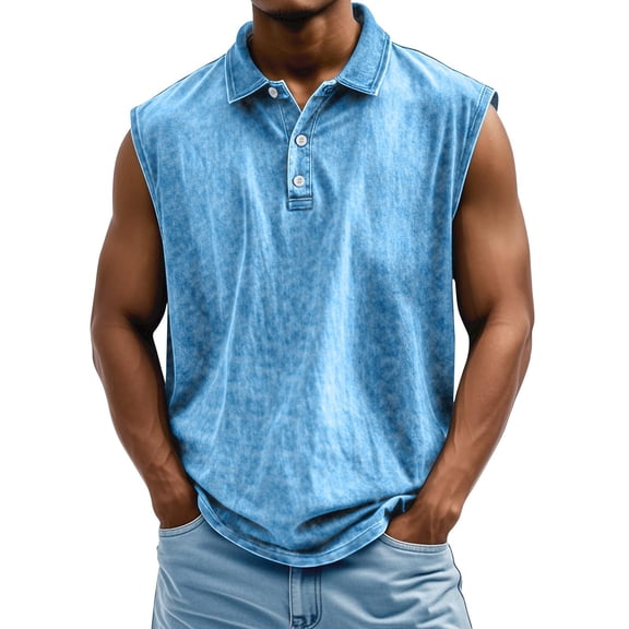 longantii Mens Tank Tops Casual Distressed Sleeveless Button Tees Comfy Polo Collared Pollover 2026 Loose Fit Gym Tees Blue M