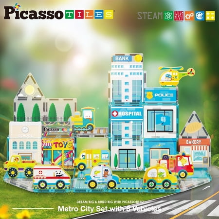 PicassoTiles Magnetic Tiles for Kids 3 and up - 50PCS Metro City Theme STEM Construction Building Blocks Toy with Vehicles and Action Figures