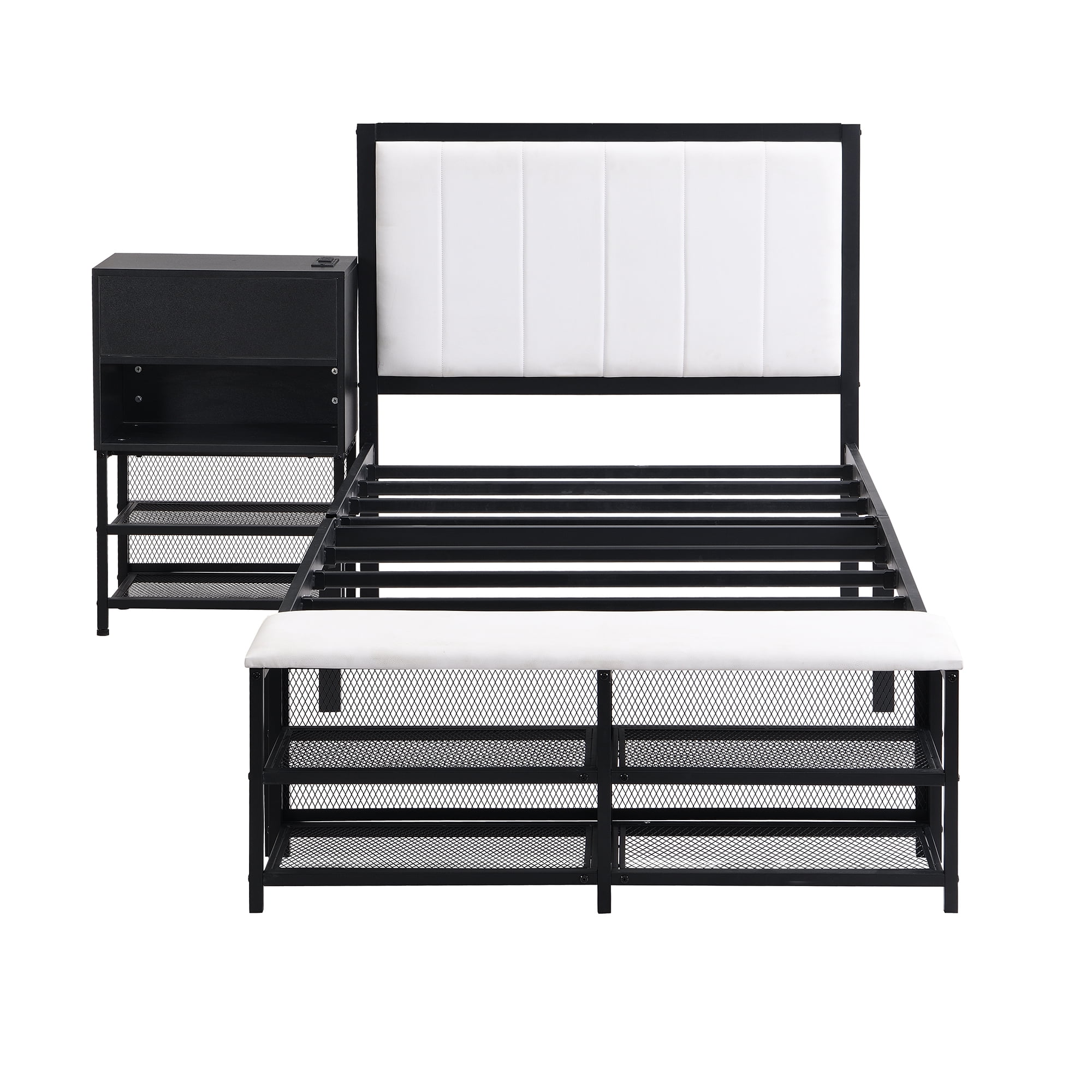 Euroco Metal Twin Size Platform Bed with Two-Tier Storage Shelves for Kids, Wood Cabinet, Black