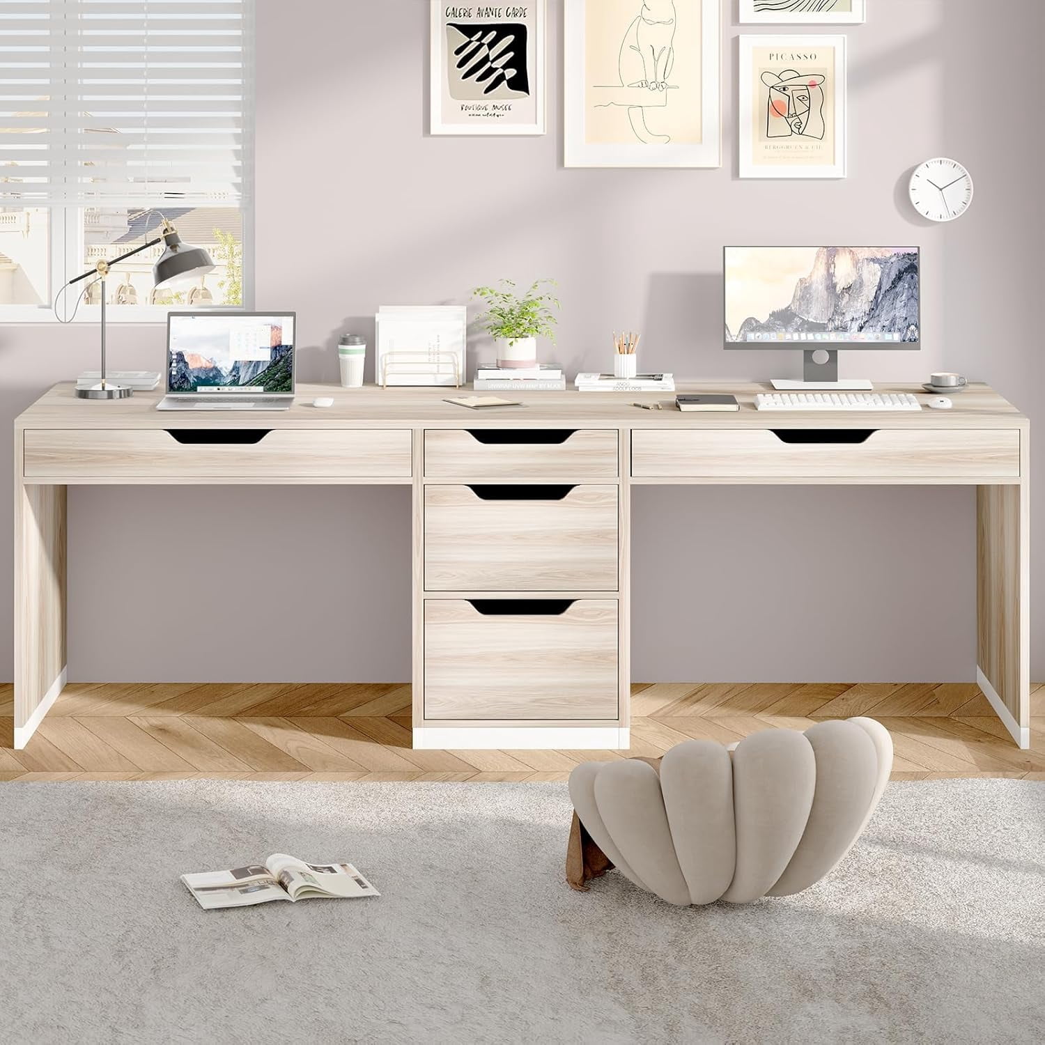 DreamCurship 78 inch Two Person Desk with 5 Drawers, Computer Desk with Storage for 2 People, Home Office Workstation Desk, Modern Writing Table, White and Walnut