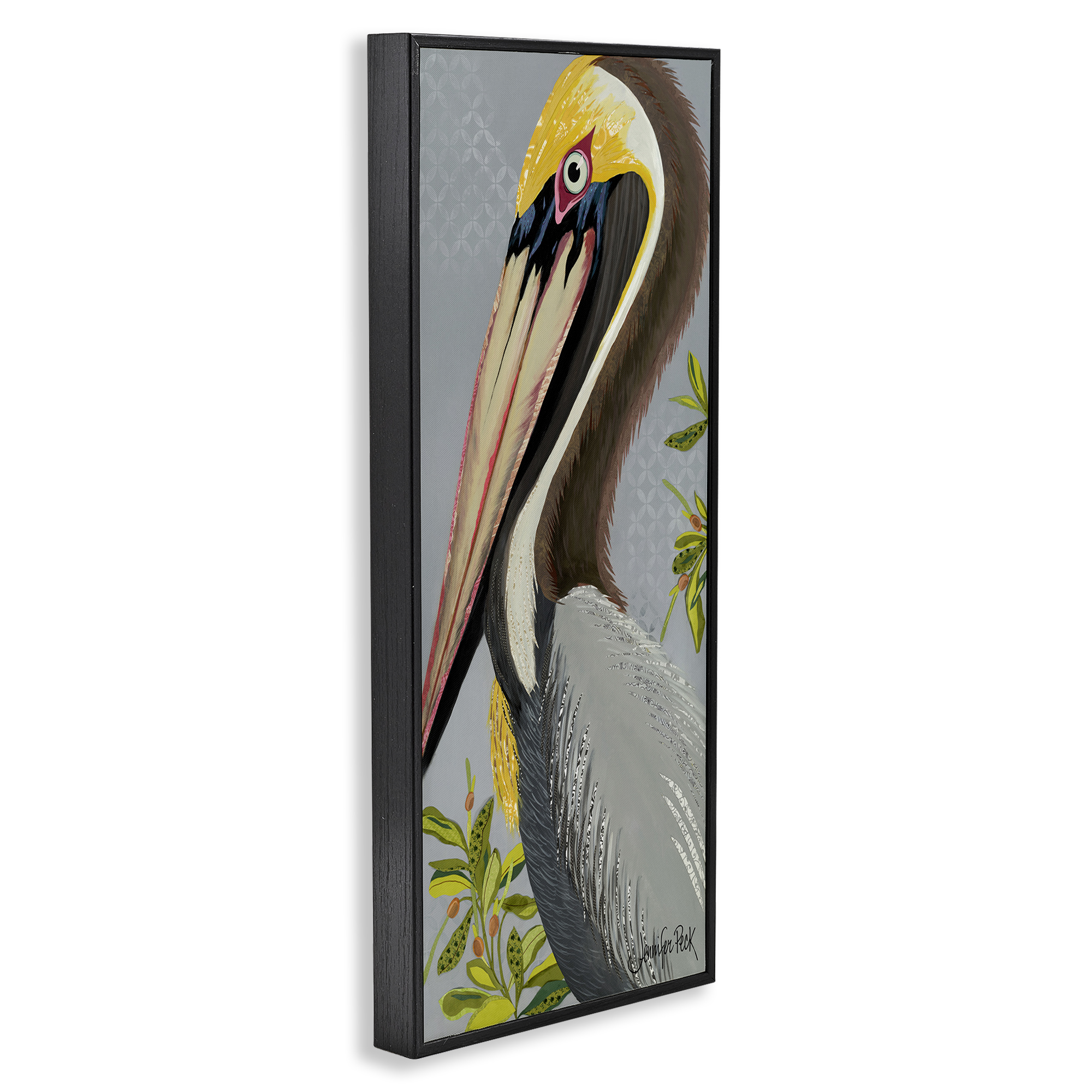 Stupell Industries Pelican on Grey Animals & Insects Painting Black Framed Art Print Wall Art, 13 x 30