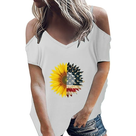

American Flag Shirt Women s V-Neck Daisy Strapless Short Sleeve Top Strappy Cold Shoulder T-Shirt Tops White
