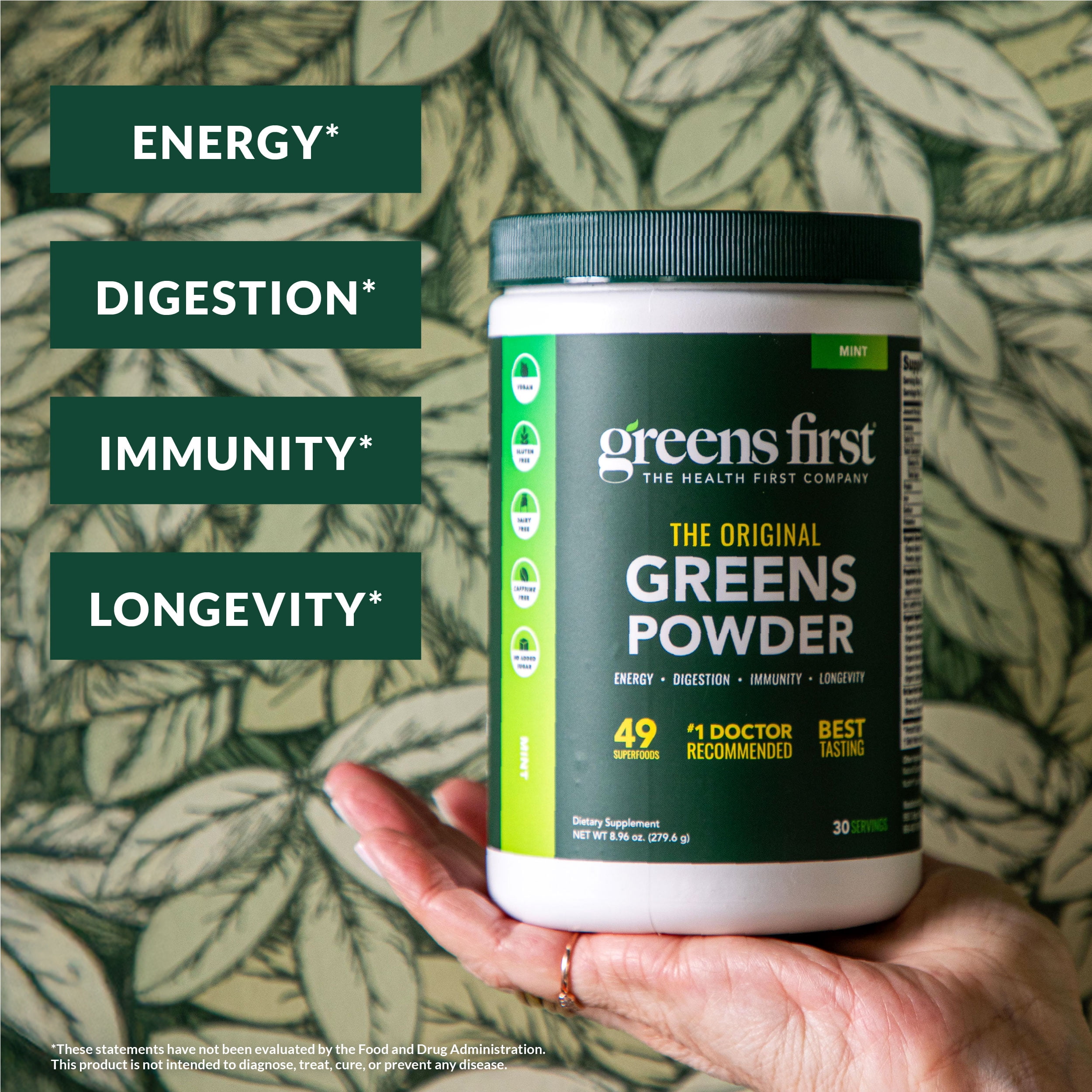 Greens First Original Greens Powder - 49 Superfoods - Organic Fruits & Veggies - Prebiotics, Probiotics & Digestive Enzymes - Antioxidant Smoothie - Dairy Free, Vegan & Non-GMO (Mint, 30 Servings)