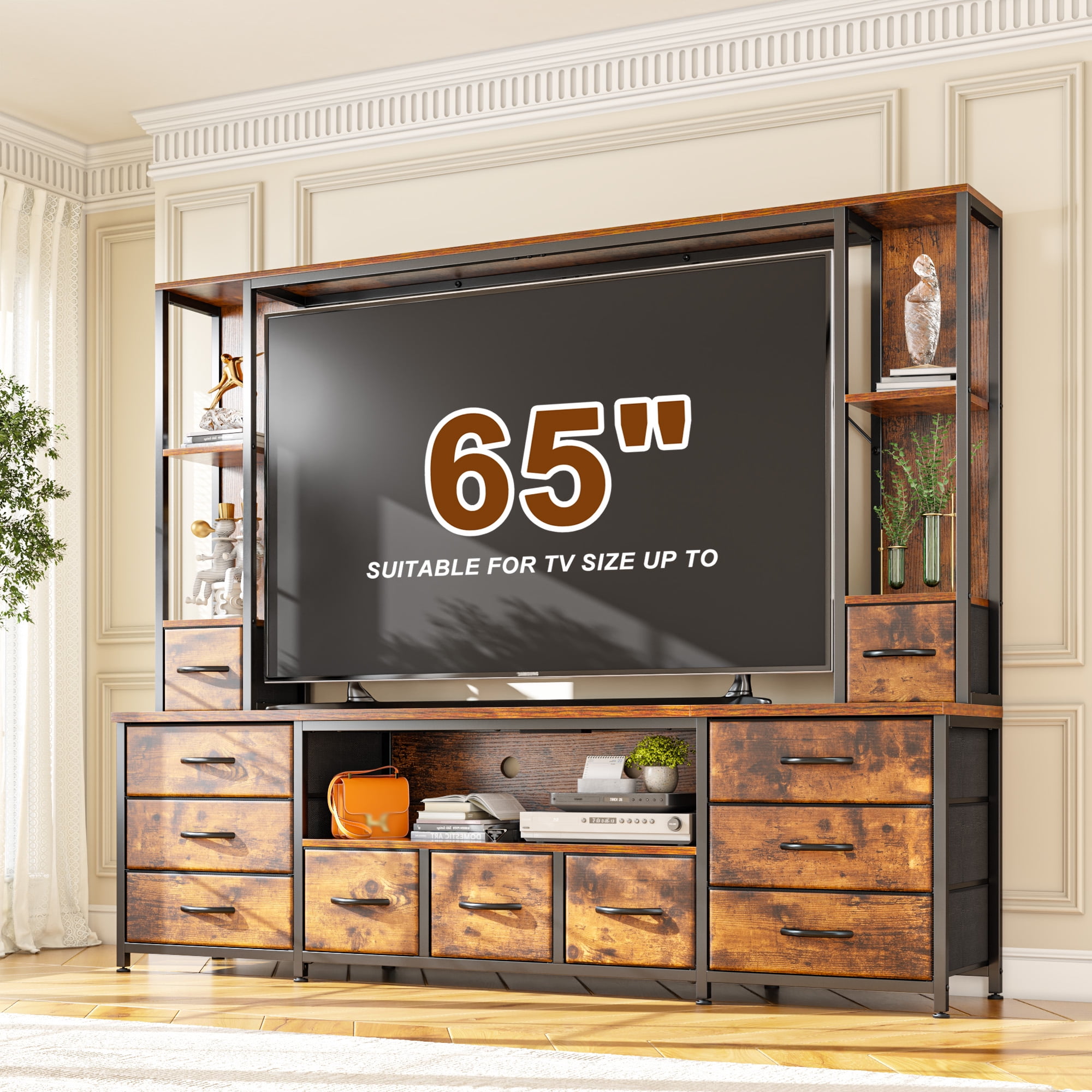 EnHomee Entertainment Wall Unit TV Stands with 11 Fabric Drawer Modern TV Console Table with Open Shelves for 65" TV Stand for Living Room,Brown