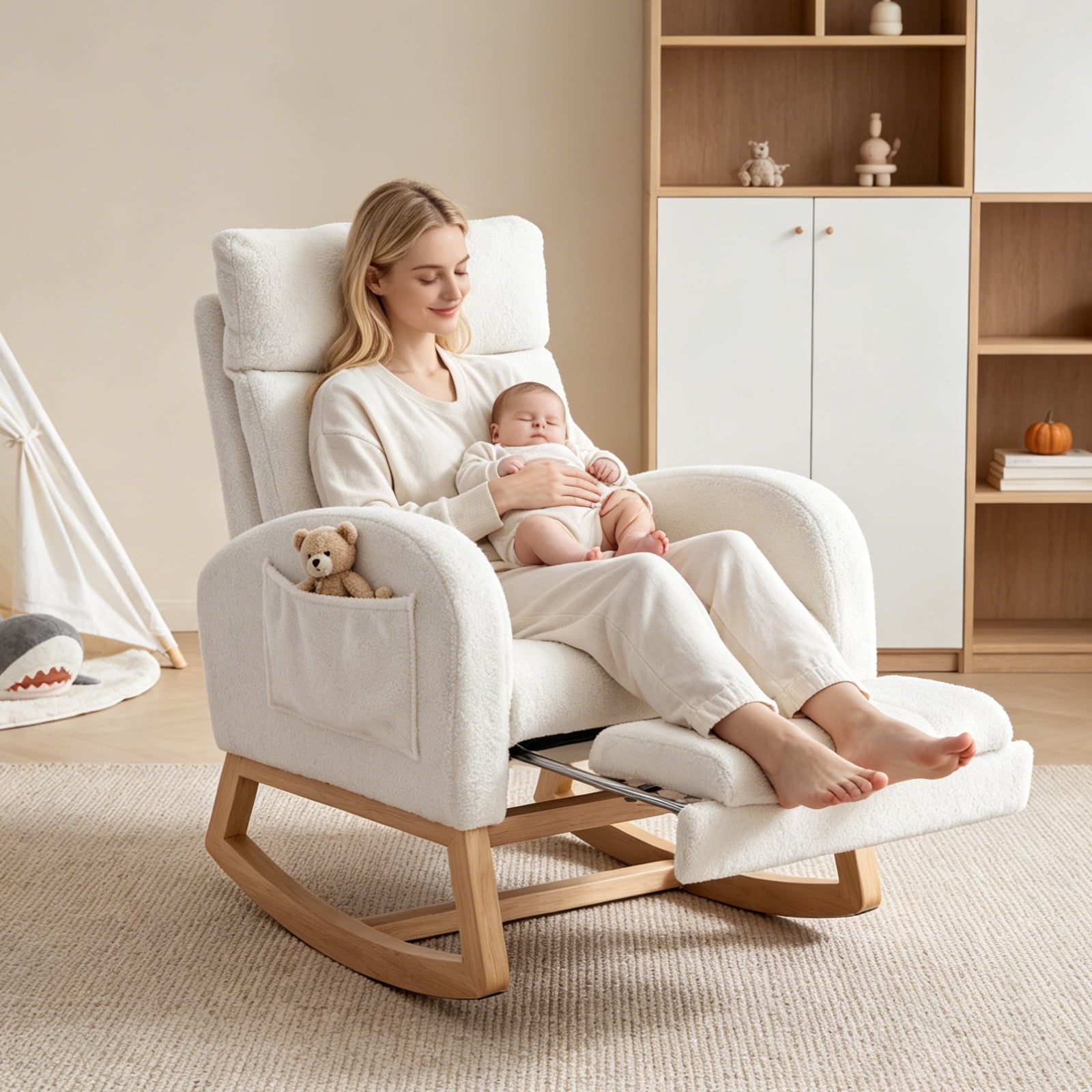Rocking Chair Nursery with Foot Rest, Teddy Nursing Glider Rocker Chair with High Backrest for Living Room, Bedroom, Nursery, White
