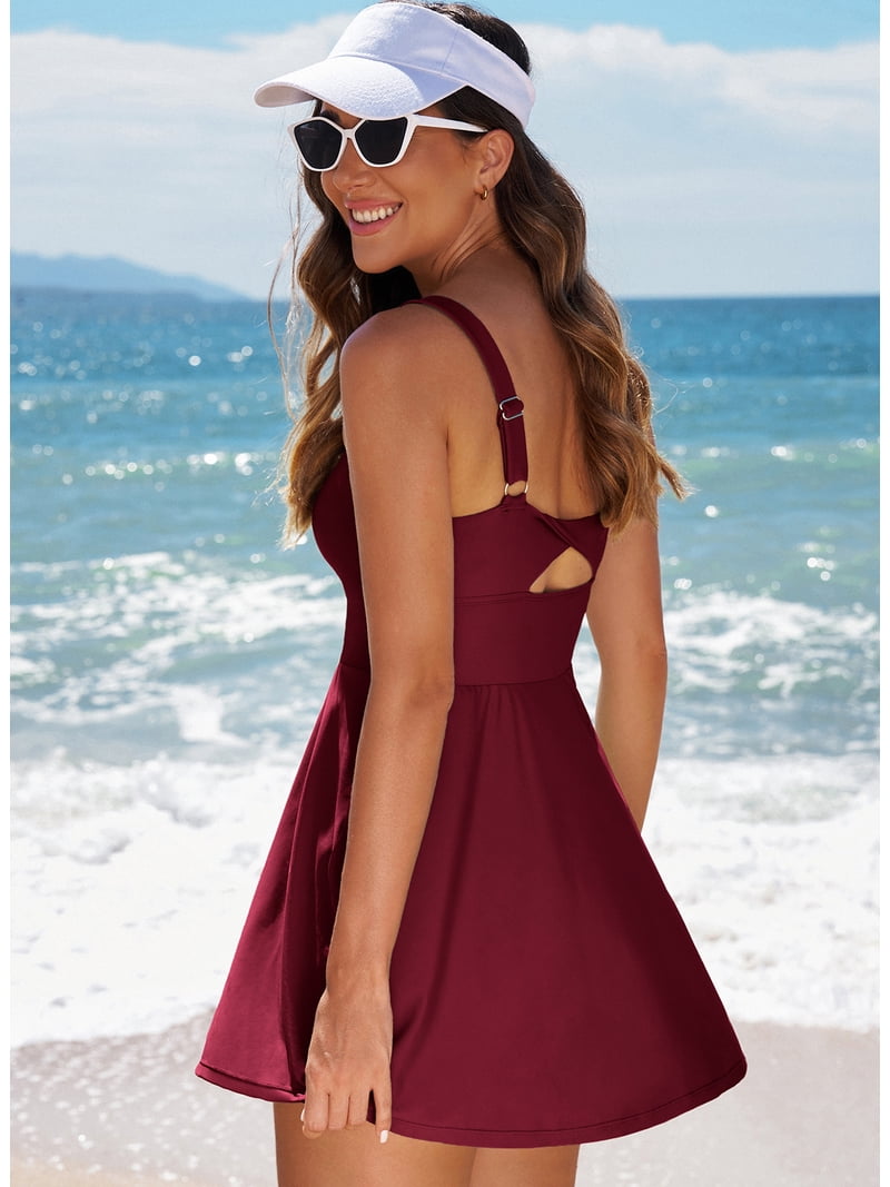 Dokotoo Women's Swim Dress Removable Pad One Piece Swimsuit Modest Bathing Suits Swimdress with Shorts