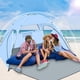 thumbnail image 1 of Tienda de playa para 3 o 4 personas, FPS 50+, refugio solar con ventilación transpirable de 3 vías, postes de fibra de vidrio reforzados, sombra portátil para acampar en la playa, tienda de nailon., 1 of 6