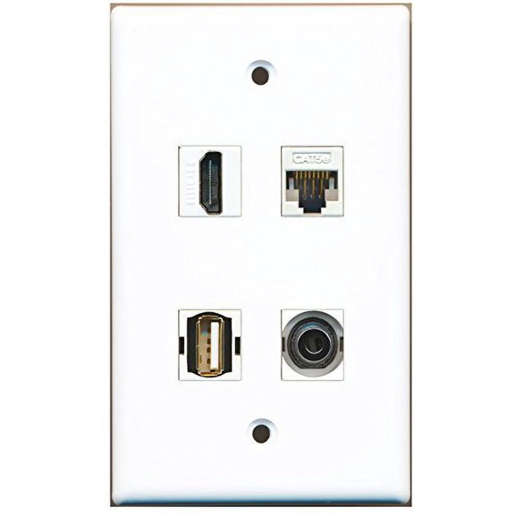 RiteAV - 1 Port HDMI 1 Port USB A-A 1 Port 3.5mm 1 Port Cat5e Ethernet White Wall Plate