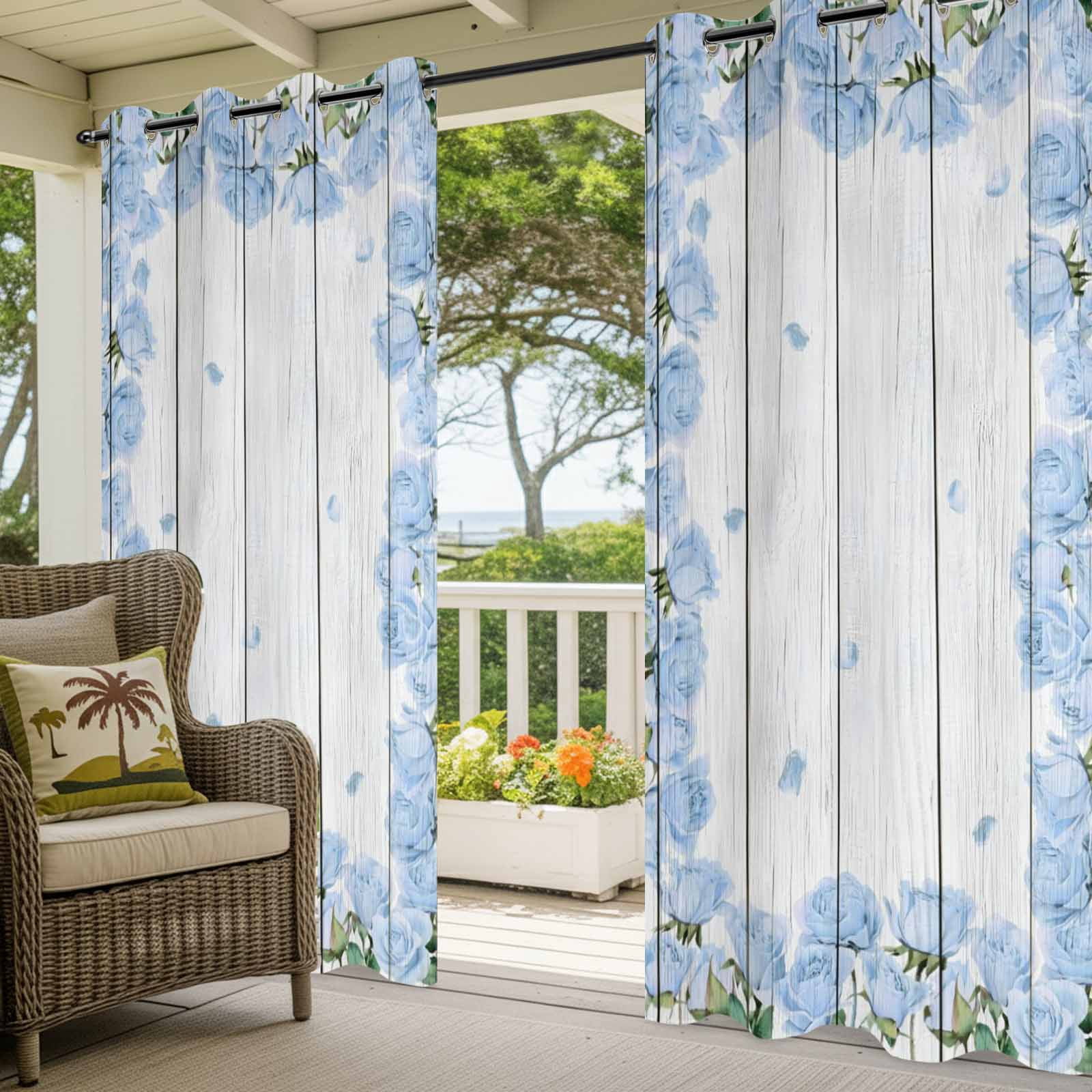 Farmhouse Flower Outdoor Curtains for Patio, Blue Rose Wreath Rustic Country White Wood Grain Sunshade Privacy Drapes Grommet Waterproof Outside Curtains for Porch/Cabana/Balcony 54"x 108", 1 Panel