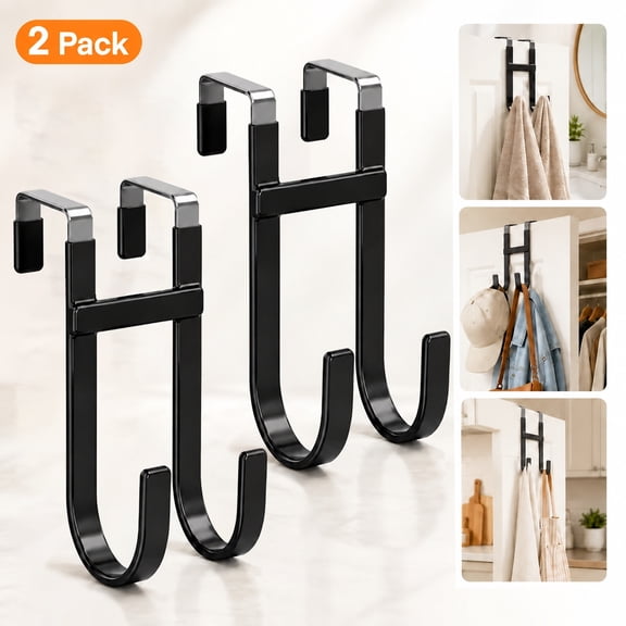 Over The Door Hooks - 2 Pack Heavy Duty Dual-Hook Organizer Hanger with Non-Slip Rubber for Towels, Clothes, Hats & Bags Use in Bathroom, Bedroom, Kitchen - Fits Interior Doors Up to 1 3/8" Black
