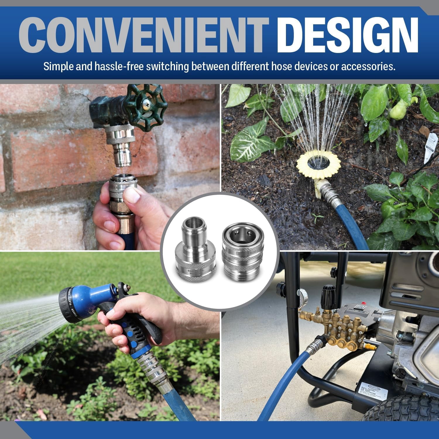 Essential Washer Stainless Steel ¾” Garden Hose Quick Connect Fittings | One Hand Operation Design | Plug & Coupler Set Of 4
