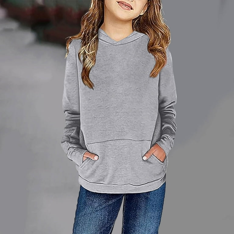 Penkiiy Kids Girls Fleece Pullover Hoodies Cute Solid Hooded Sweatshirts  with Pockets Gray Clearance for 11-12 Years