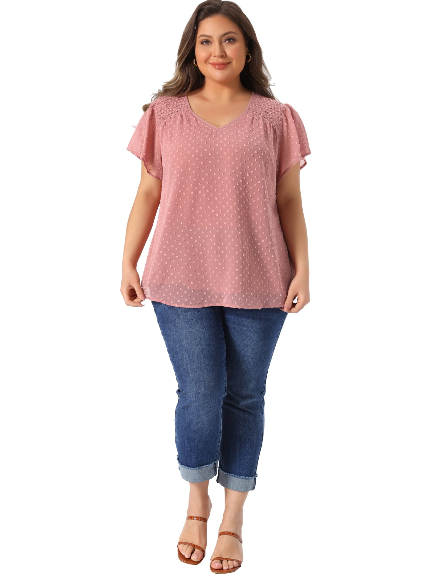 DARING DIVA Women's Plus Size Blouses Pin Dots Smocked Flare Sleeve Top 1X Pink