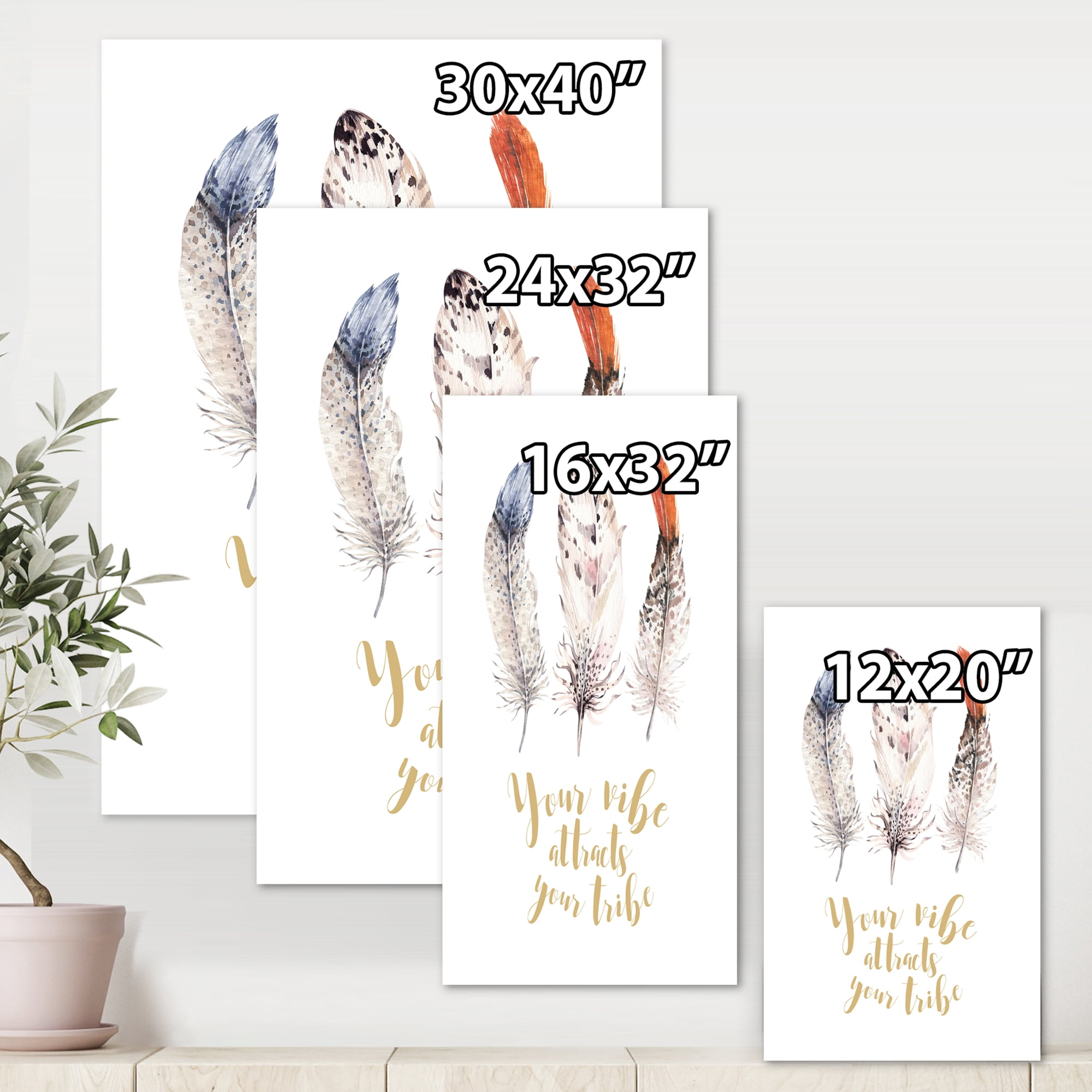 Designart ' Your Vibe Attracts Your Tribe Ethnic Feathers II ' Bohemian & Eclectic Canvas Wall Art Print