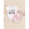 thumbnail image 2 of Bagilaanoe 3Pcs Newborn Baby Girl Shorts Set Short Sleeve Letter Print Romper Tops + Floral Shorts + Headband 3M 6M 12M 18M Infant Casual Summer Clothes, 2 of 8