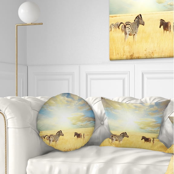 Designart Sunset over Grassland with Zebras - African Landscape Printed Throw Pillow - 12x20