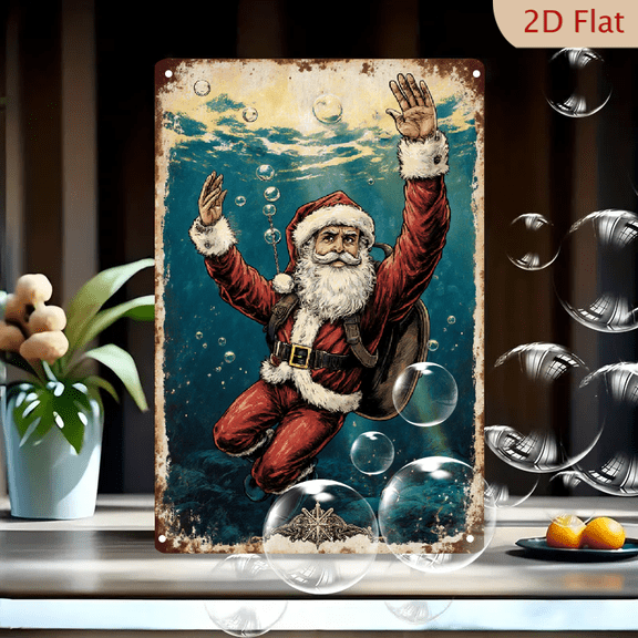 Santa Claus Underwater Scuba Diving Vintage Poster Art, 8x12 Inch Metal Wall Decor, Retro Weathered Ocean Dive Illustration with Compass Rose, Funny Christmas Home Office Gift