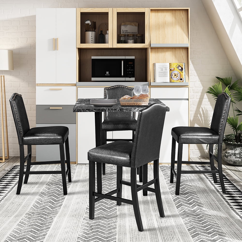 Kepooman 5-Piece Dining Set with Bottom Shelf, Black Chair + Black Table Kepooman 5-Piece Dining Set with Bottom Shelf, Black Chair + Black Table