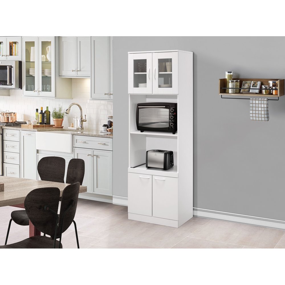Gremlin Kitchen Storage Pantry Microwave Cabinet, White Wood & Glass
