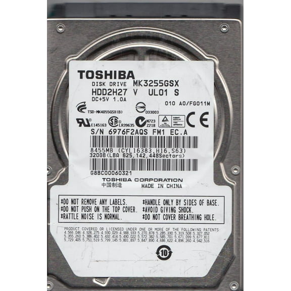 MK3255GSX, A0/FG011M, HDD2H27 V UL01 S, Toshiba 320GB SATA 2.5 Hard Drive